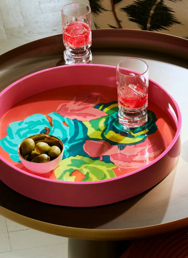 Lacquered Tray ~ Nizam Flower Pink Round